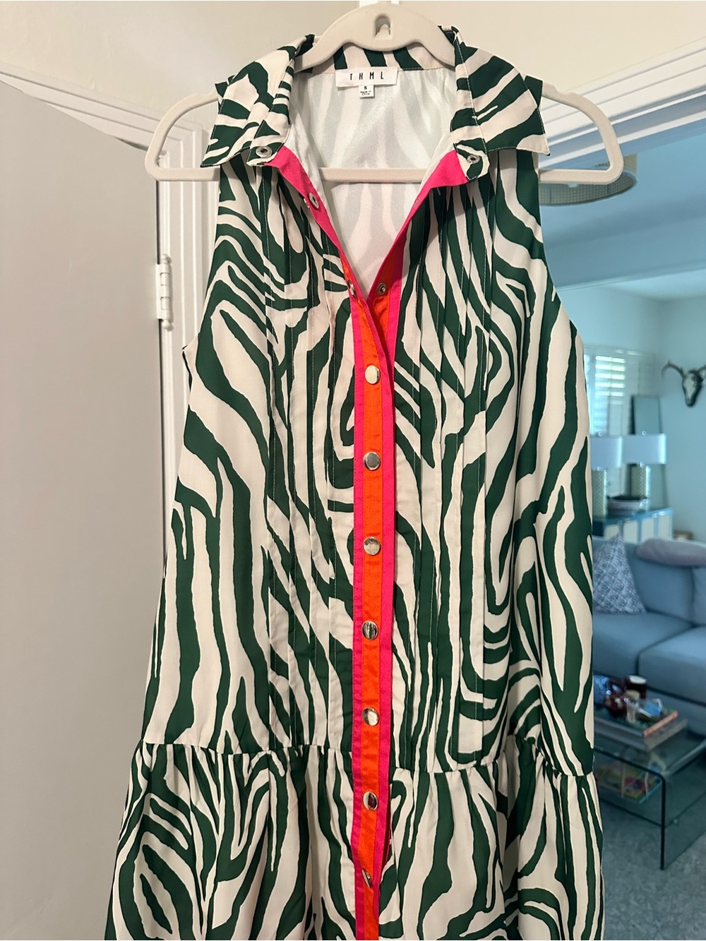 THML Green Zebra Print Sleeveless Button Dress with Pink Trim